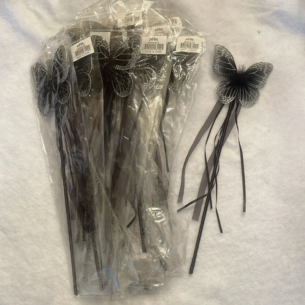 Black butterfly Fairy Wand Party Favors with Maribou and ribbons set of 20